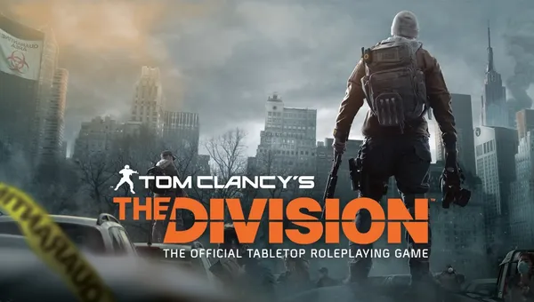 A lone figure stands in a desolate urban landscape, wearing tactical gear and a backpack, with a gun slung over their shoulder. The background features a city skyline shrouded in a grayish haze, with tall buildings partially obscured by bare trees. The title "TOM CLANCY'S THE DIVISION" is prominently displayed at the top, with "THE OFFICIAL TABLETOP ROLEPLAYING GAME" beneath it in bold orange letters.