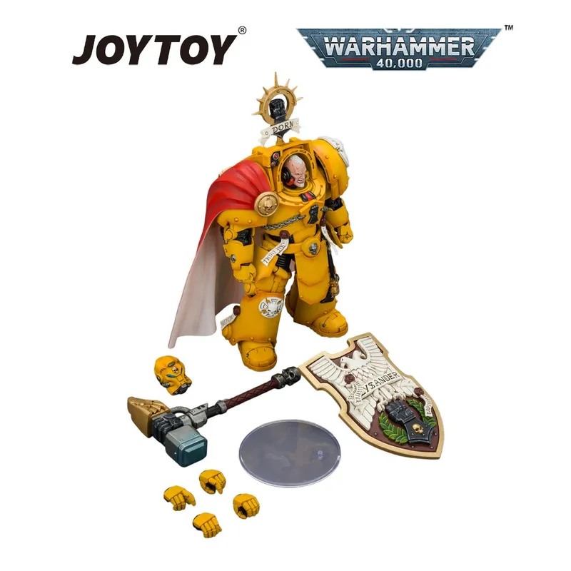 Yellow armored figure with red cape, hammer, shield, and accessories. Text: JOYTOY WARHAMMER 40,000.