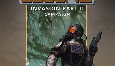 A futuristic cover illustration for "2300AD: Invasion Part II" features a humanoid figure in a high-tech spacesuit, complete with a helmet and orange-tinted visor, standing in a dense, alien environment filled with green foliage. The character is holding a weapon and appears to be surveying the surroundings, suggesting a sense of tension or readiness. The title "2300AD" is prominently displayed at the top, with "INVASION PART II" and "CAMPAIGN" below it, set against a contrasting background that enhances the sci-fi theme.