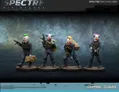 Four clown-masked figures in tactical gear holding guns, with "SPECTRE MINIATURES" text above.