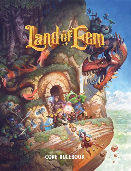 A colorful and whimsical illustration features a group of adventurers in a fantastical landscape, prominently displayed on the cover of the "Land of Eem Core Rulebook." In the foreground, a frog-like character holds a glowing orb, while a diverse group of heroes, including a warrior with a sword and a bard with a lute, gather near a cave entrance adorned with intricate carvings. In the background, a large dragon perches on a rocky outcrop, overlooking a vibrant valley filled with mountains and lush greenery.