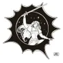 A dynamic black and white illustration features a heroic female figure wielding a sword, poised in an action stance. She has long flowing hair and is adorned in a detailed outfit, with intricate designs visible on her sleeves and waist. The background includes a circular motif filled with stars, surrounded by a jagged, starburst-like outline, enhancing the sense of movement and energy in the scene.