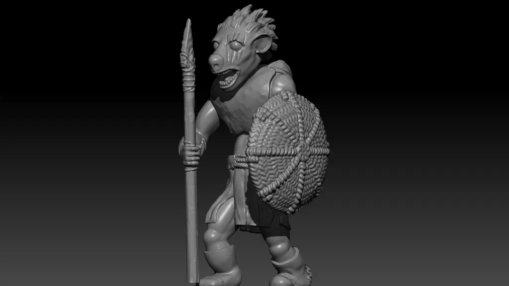 A stylized, gray-toned 3D figure with a bestial face, muscular build, and spiked hair. Wears a segmented, scaly shoulder guard and knee-high boots. Holds a long spear diagonally across its back.