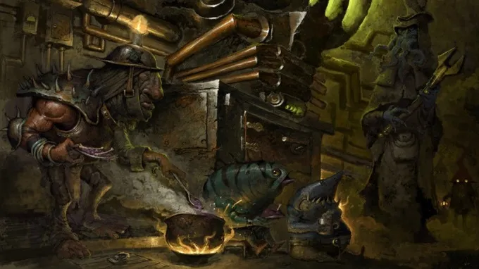 A frog-like creature in a dim, industrial room with pipes and a cauldron.