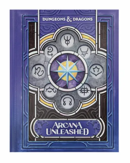 A book cover with a deep blue border and intricate geometric patterns. At the top, the text "DUNGEONS & DRAGONS" is visible. The central design features a circular arrangement of eight symbols around a glowing, star-like emblem with purple and blue hues. Below the emblem, a banner displays the text "ARCANA UNLEASHED" in white and purple lettering.