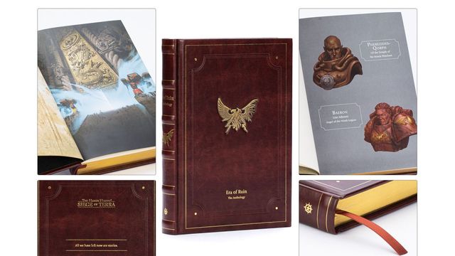 A special edition hardcover book titled "Era of Ruin: The Anthology" features a rich red faux-leather cover adorned with a prominent gold emblem of an eagle. The book showcases intricate debossed details and gold gilt page edges, along with a ribbon bookmark. Surrounding the book are images of its interior, displaying full-color artwork and a quote that reads, "All we have left now are stories."