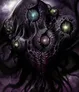 Dark cosmic entity with glowing orbs and tentacles against a starry background.