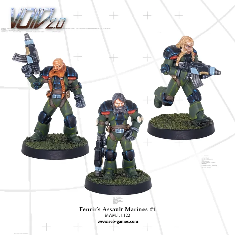 Three armored figures with weapons, green and black suits, on grass-textured bases.