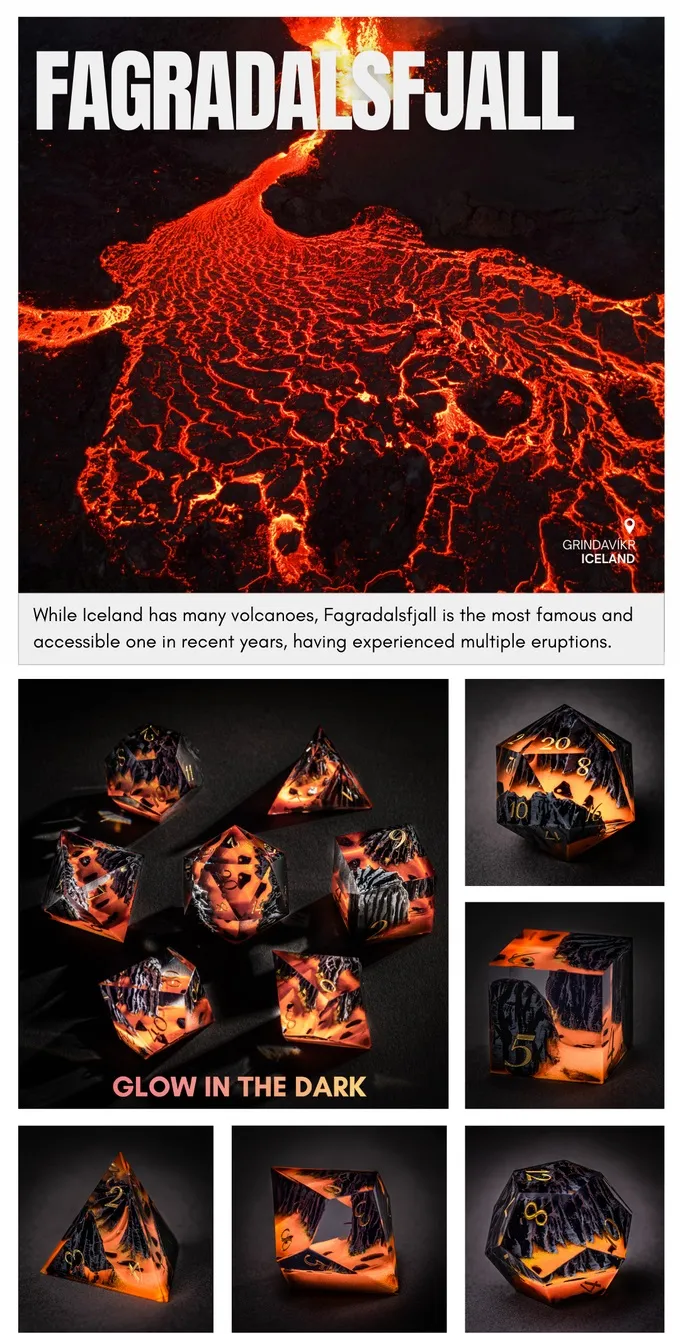 A vibrant image showcases the Fagradalsfjall volcano in Iceland, with flowing lava creating a striking contrast against the dark landscape. Below the volcano, two sets of luxury polyhedral dice are displayed, featuring intricate designs inspired by the volcanic theme. The top left corner includes the text "FAGRADALSFJALL," while the bottom section provides a brief description of the volcano's significance and recent activity.