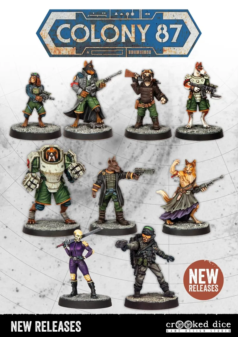 A collection of eight detailed miniatures from the tabletop game "Colony 87," featuring anthropomorphic animal characters. The figures include a variety of species, such as a dog, a bear, and a fox, each equipped with different weapons and outfits, showcasing a mix of futuristic and rugged styles. Above the miniatures, the title "COLONY 87" is prominently displayed in a weathered blue sign.