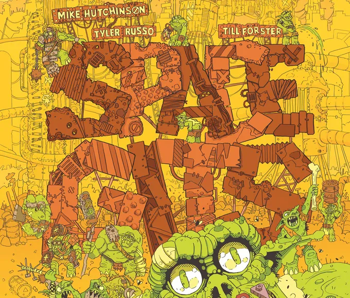 A vibrant illustration features a chaotic scene filled with cartoonish space orcs, each displaying exaggerated features and expressions, set against a bright yellow background. The title "SPACE GITS" is prominently displayed in bold, blocky letters, surrounded by various orc characters engaging in raucous activities amidst a backdrop of debris and makeshift structures. The overall tone is playful and energetic, capturing the essence of a fun, chaotic skirmish game.