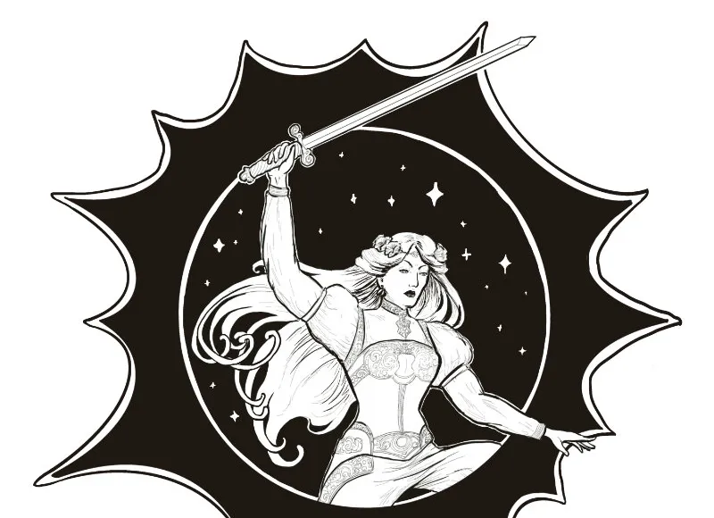 A dynamic black and white illustration features a heroic female figure wielding a sword, poised in an action stance. She has long flowing hair and is adorned in a detailed outfit, with intricate designs visible on her sleeves and waist. The background includes a circular motif filled with stars, surrounded by a jagged, starburst-like outline, enhancing the sense of movement and energy in the scene.