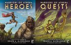 The image features two book covers from the "Warriors of Athena" series by Joseph A. McCullough. On the left, "Warriors of Athena: Heroes" showcases a heroic figure in armor wielding a spear, facing a large, menacing creature, set against a vibrant blue sky. On the right, "Warriors of Athena: Quests" depicts a group of characters aboard a ship, with one character holding a spear and others preparing for adventure, surrounded by swirling waves and a dynamic background. Both covers are illustrated by Hazem Ameen and prominently display the title and author’s name.