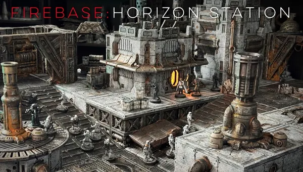 A detailed modular sci-fi terrain setup features various structures, including a large building with a glowing orange window and intricate textures, set against a backdrop of industrial elements. Several miniature figures are positioned throughout the scene, suggesting a skirmish or exploration scenario. The terrain is designed for tabletop gaming, showcasing a mix of crates, pipes, and machinery, all rendered in a weathered, metallic color palette.