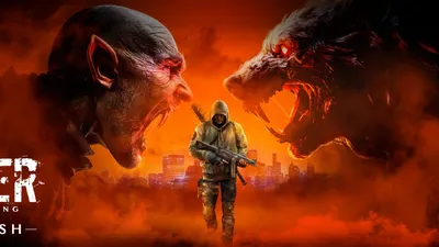 A hooded figure holding a rifle stands in a smoky, fiery cityscape, facing two large, snarling monstrous heads with glowing red eyes.