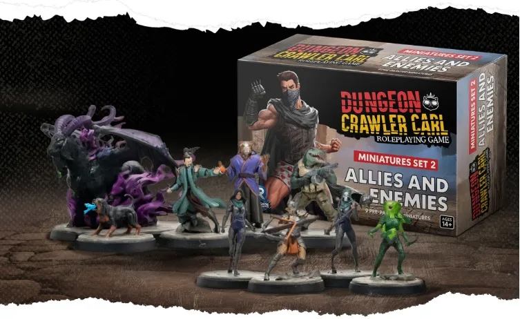 A collection of miniatures from the "Dungeon Crawler Carl" tabletop roleplaying game is displayed, featuring a variety of characters and creatures. In the foreground, several detailed figures are arranged, including a muscular character in a sleeveless shirt, a hooded figure, and a creature with purple tendrils. Behind them, a box labeled "Miniatures Set 2: Allies and Enemies" is prominently featured, indicating the set's contents and theme. The background has a textured, dark surface that enhances the focus on the miniatures.