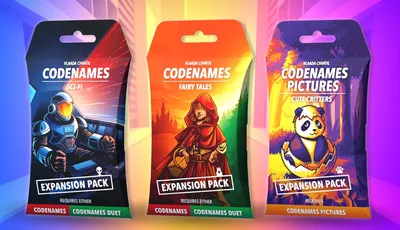 Three expansion packs for the party word game Codenames are displayed: "Sci-Fi," "Fairy Tales," and "Cute Critters." Each pack features vibrant artwork, with the "Sci-Fi" pack showcasing a character in a futuristic setting, the "Fairy Tales" pack depicting a girl in a red cloak against a colorful forest backdrop, and the "Cute Critters" pack featuring a playful panda. Each pack is labeled as an "Expansion Pack" and indicates compatibility with either Codenames or Codenames Duet.