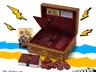 Open wooden Love Letter box with cards, tokens, and rulebook, surrounded by lightning bolts and waves.