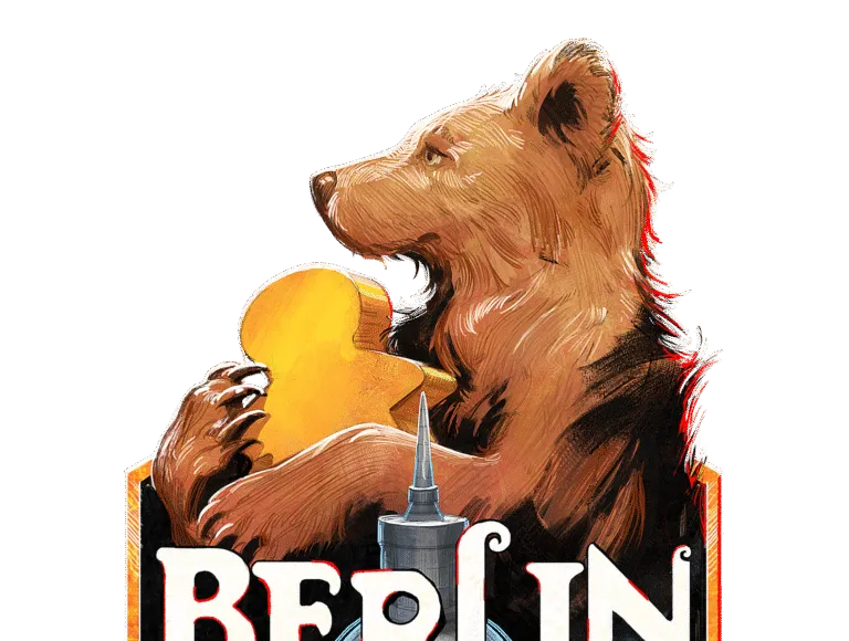 A colorful logo for the Berlin Brettspiel Con 2026 features a stylized bear holding a piece of cheese, set against a dark background. Below the bear, a prominent tower-like structure is depicted, surrounded by game elements such as dice and scattered game pieces. The event name "BERLIN Brettspiel Con" is displayed in bold, eye-catching letters, with the year "2026" clearly indicated at the bottom.