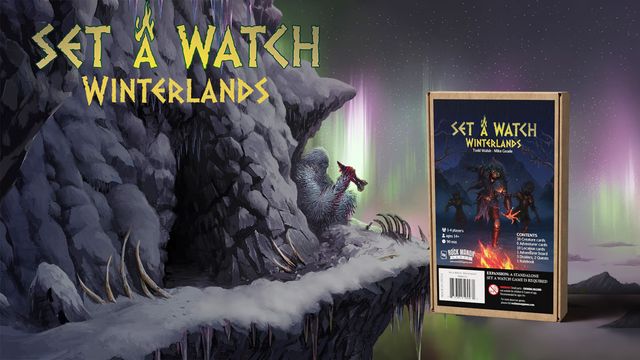 A rocky, snow-covered cliffside is depicted, with a mystical aurora borealis illuminating the sky in shades of green and purple. In the foreground, a box for the "Set a Watch: Winterlands" expansion is prominently displayed, featuring dark fantasy artwork that includes shadowy figures and a menacing creature. The title "SET A WATCH WINTERLANDS" is boldly presented at the top, emphasizing the game's theme and expansion details.