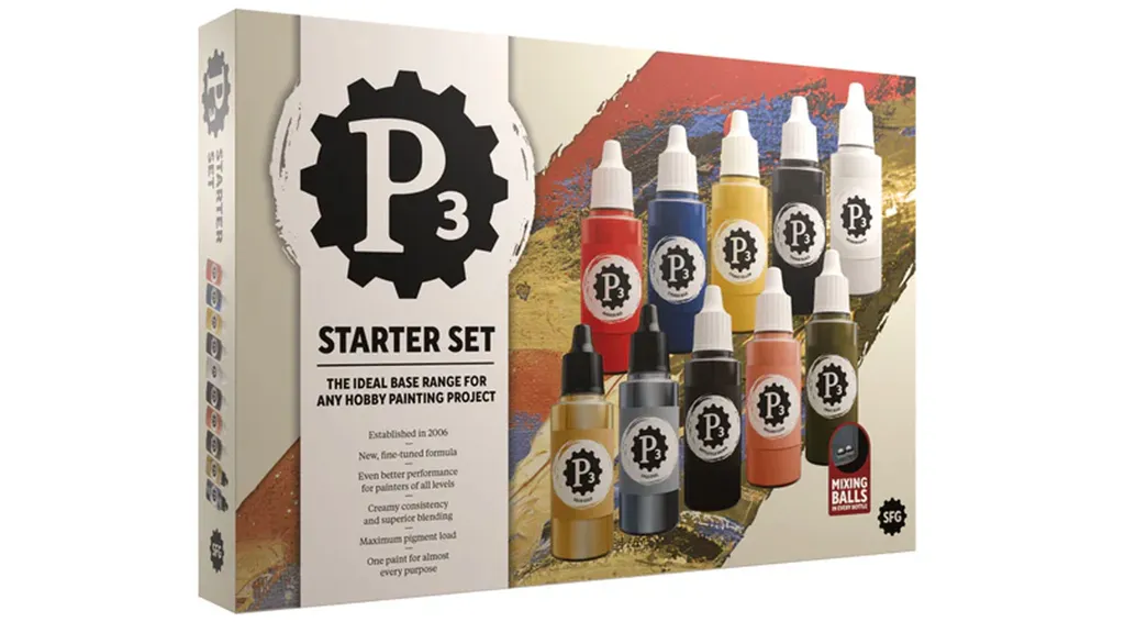 A box for the P3 Starter Set features a bold design with the P3 logo prominently displayed. The packaging showcases ten 18 ml dropper bottles of paint, including eight rich acrylics and two metallics, arranged in a visually appealing manner. Text on the box highlights the set as the ideal base range for hobby painting projects, emphasizing its creamy consistency, superior blending, and maximum pigment load.