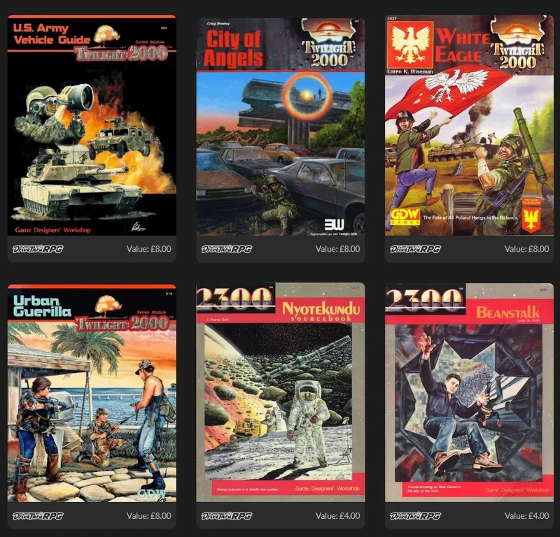 Six Twilight: 2000 and 2300AD RPG book covers in a 2x3 grid.