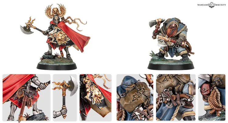 A stout duardin ranger named Drolf Ironhead stands ready for adventure, wielding an axe in one hand and a crossbow slung across his back. He wears a blue cloak and has a large backpack filled with various adventuring gear, while his belt is adorned with multiple tools and weapons. The base of the miniature features a patch of grass, adding to the character's rugged appearance.