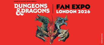 A striking graphic features a fierce, multi-headed dragon with vibrant colors, set against a bold red background. The text prominently displays "Dungeons & Dragons" at the top, followed by "FAN EXPO LONDON 2026" in large, bold letters. The design emphasizes the excitement of the upcoming event, highlighting the partnership between Wizards of the Coast and AEG Presents.