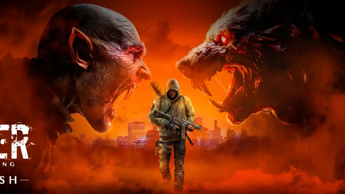 A hooded figure holding a rifle stands in a smoky, fiery cityscape, facing two large, snarling monstrous heads with glowing red eyes.