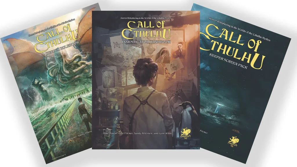 The image features two books from the 50th Anniversary Collectable Slipcase Set for Call of Cthulhu. On the left, the "Investigator Handbook" showcases a character with a backdrop of mysterious images and documents, while the right side displays the "Keeper Screen Pack," featuring a dark, atmospheric cover with a lighthouse and ominous sea. Both books are adorned with the Chaosium logo, emphasizing their connection to the Cthulhu mythos.