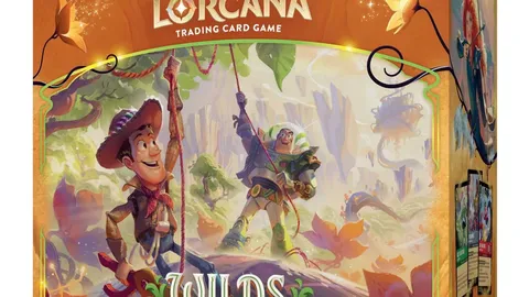 A colorful box for the Disney Lorcana Trading Card Game expansion titled "Wilds Unknown," featuring characters from Toy Story, Buzz Lightyear and Woody, depicted in a vibrant, adventurous landscape filled with lush greenery and fantastical elements. The title "WILDS UNKNOWN" is prominently displayed at the center, with the subtitle "ILLUMINEER'S TROVE" below it. The box design includes whimsical details and a logo for Ravensburger, enhancing the adventurous theme of the set.