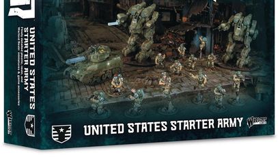 A box for the "Konflikt '47 United States Starter Army" features a dynamic scene with various miniatures and vehicles. In the foreground, several detailed figures in military attire are arranged alongside a tank and a large, mechanized walker, showcasing the game's unique blend of historical and sci-fi elements. The background depicts a war-torn environment, enhancing the thematic setting of the game.