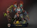 A large, menacing creature known as The Starved stands prominently, featuring a skeletal face adorned with a skull and antlers, and a body covered in dark fur and tattered clothing. It wields a twisted staff entwined with green vines, while a small figure is clutched in its grasp, adding to its intimidating presence. The base is decorated with grass and rocks, set against a dark, textured background that enhances the creature's ominous appearance.