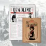 "Deadline" newspaper and booklet with steampunk city backdrop.