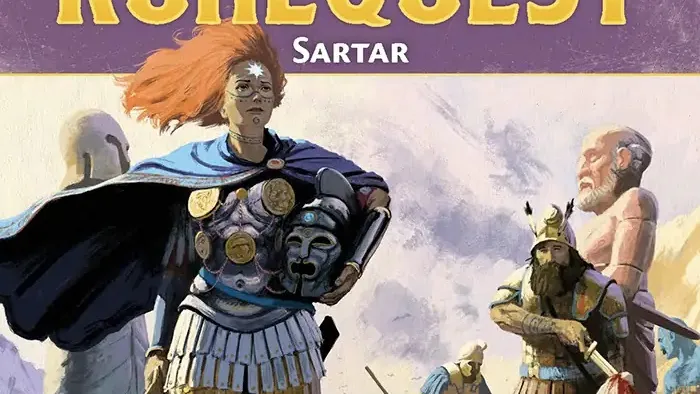 Cover art for Lands of RuneQuest: Sartar. Central figure with red hair, armor, and a blue cloak stands holding a shield with a rune design. Behind, an elderly man in robes and a warrior with spear. Title reads "LANDS OF RUNEQUEST Sartar" with ancient symbols above.