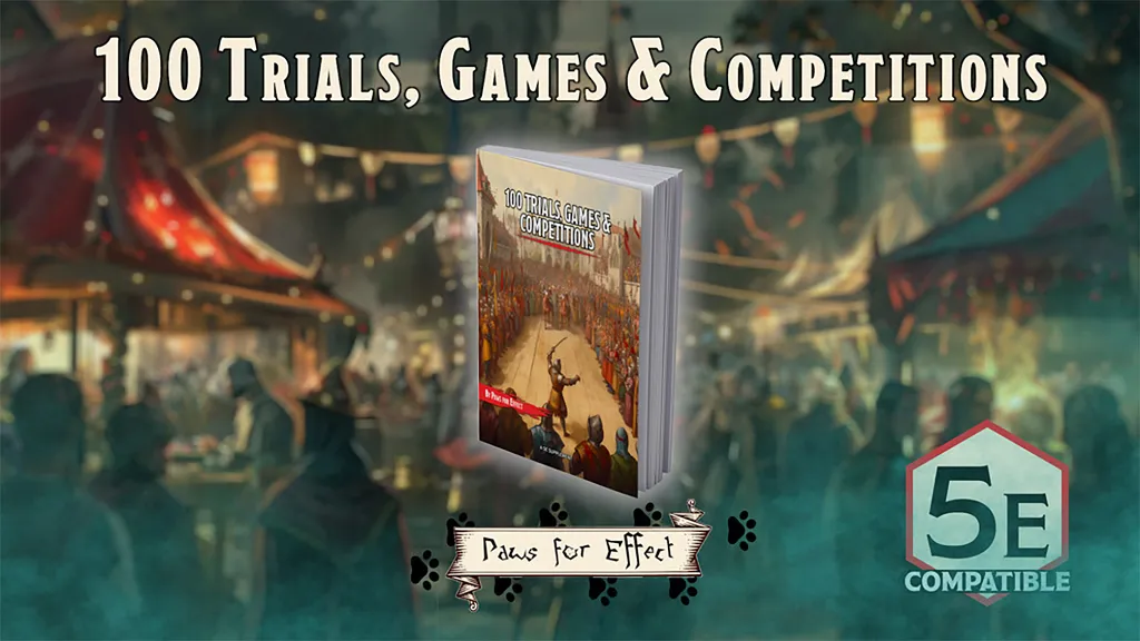 A book titled "100 Trials, Games & Competitions" is prominently displayed in the foreground, featuring a colorful cover illustration depicting a lively competition scene with numerous spectators. The background shows a festive atmosphere with blurred figures and decorations, suggesting a vibrant event. The title and the publisher's name, "Paws for Effect," are artistically integrated into the design, enhancing the overall theme of games and challenges.