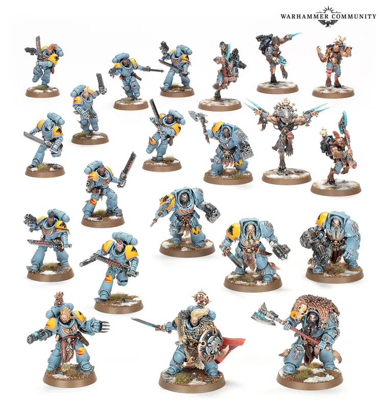 A collection of miniatures features a variety of Grey Wolves and Tyranids, showcasing detailed paintwork and dynamic poses. The Grey Wolves are predominantly clad in blue armor with yellow accents, wielding various weapons such as chainswords and bolters, while some figures display intricate details like fur and armor embellishments. The scene includes a mix of infantry and larger characters, emphasizing the diverse range of units available for players.