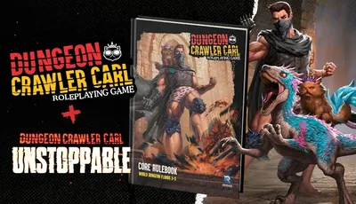 A dynamic scene features the "Dungeon Crawler Carl" core rulebook prominently displayed, showcasing its colorful cover art with a muscular character in a rugged outfit, wielding weapons and surrounded by fantastical creatures. To the right, a fierce-looking dinosaur-like creature with vibrant blue and pink scales stands alongside a small, intelligent-looking cat with a mischievous expression. The background includes a stone dungeon setting, enhancing the adventurous theme of the tabletop roleplaying game and its associated card game, "Unstoppable."