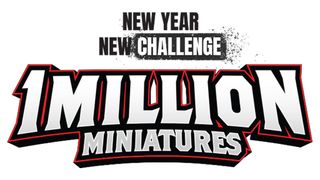 The image features bold, stylized text that reads "MILLION MINIATURES" prominently in the center, with a dynamic design that includes sharp edges and a black and red color scheme. Above this, the phrases "NEW YEAR" and "NEW CHALLENGE" are displayed in a smaller font, emphasizing a fresh start or initiative. The overall design conveys excitement and energy, suitable for a gaming or hobby context.