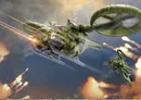 A futuristic VTOL aircraft, the LARC 2, is depicted in flight, showcasing its sleek design and modular features. The craft has a streamlined body with visible weaponry and twin rotors, while a smaller companion vehicle flies alongside it. The background features a dramatic sky with hints of smoke and light, enhancing the sci-fi atmosphere.