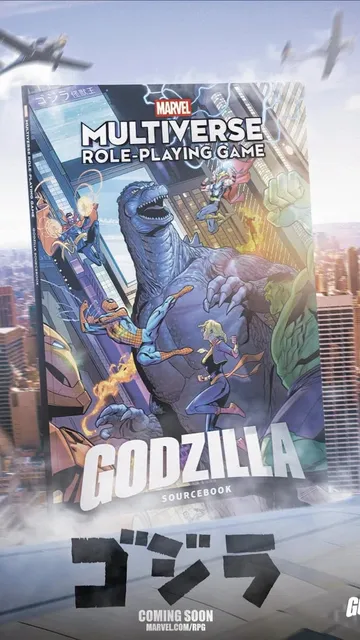 Marvel Multiverse Role-Playing Game Godzilla Sourcebook cover with Godzilla and heroes on a skyscraper.