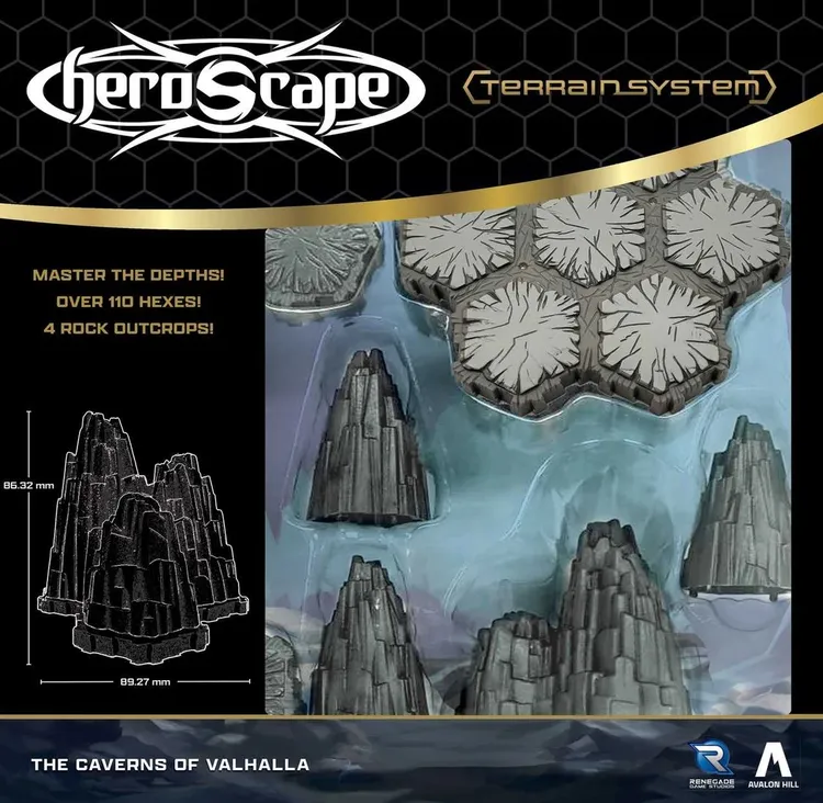 A collection of modular hex terrain pieces for the G.I. JOE Heroscape game, featuring over 110 hexes and four rock outcrops. The terrain is designed in shades of gray and features textured surfaces, with some hexes displaying a snowy or icy appearance. The packaging includes dimensions for the rock outcrops, emphasizing their height, and is branded with the Heroscape logo and publisher information.