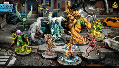 A dynamic scene features a group of iconic Spider-Man villains from the Marvel: Crisis Protocol game, set against a detailed urban backdrop. Prominent figures include Mysterio in a green and purple costume, the hulking Lizard, and Kraven the Hunter, all depicted in vibrant colors and intricate miniature detail. The setting includes a damaged street with a vehicle and a warning sign that reads "DANGER DO NOT ENTER THE ANIMALS," enhancing the dramatic atmosphere.