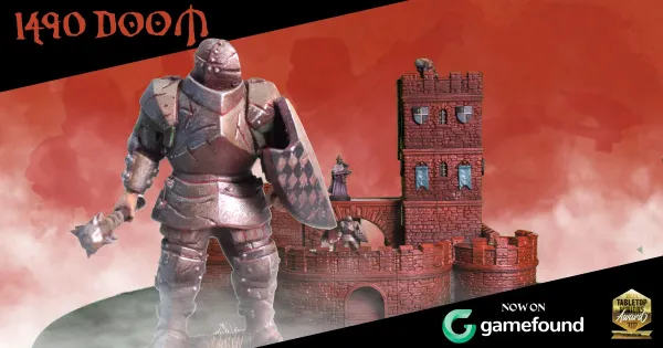 A detailed scene features a medieval-style castle tower made of dark stone, complete with battlements and blue banners hanging from the windows. In the foreground, a knight in armor holds a shield adorned with a checkered pattern, standing ready for battle. The background is filled with a dramatic red sky, enhancing the grimdark atmosphere of the setting. The text "NOW ON gamefound" is prominently displayed in the lower corner, along with a badge indicating a tabletop gaming award.
