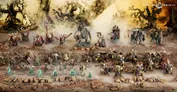 Miniature battlefield with two opposing armies: Stormcast Eternals in silver armor with blue accents, wielding weapons, and a large central figure on a horse. Foes are green-skinned, armored warriors with weapons, some on foot, others on a fallen creature. Rocky terrain with mist and distant ruins.