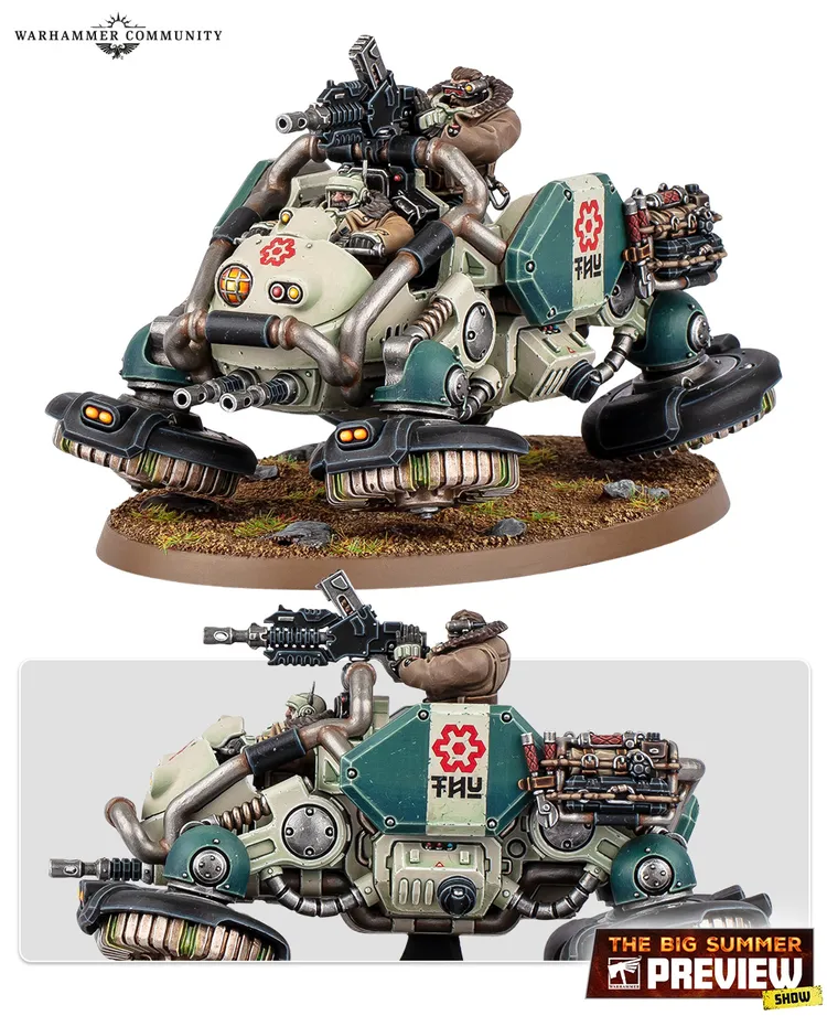 A compact, light vehicle known as a Kapricus is depicted, featuring distinctive anti-grav repellers and curved armor panels. It is equipped with a twin magna-coil autocannon and has a seated figure operating the weapon, showcasing a rugged design with mechanical details and a green and beige color scheme. The base is adorned with small rocks and grass, enhancing the vehicle's battlefield aesthetic.