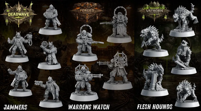 A collection of detailed miniatures is displayed, featuring characters from the "Iron Depths" Kickstarter campaign by Forged Path Miniatures. The top row showcases various gang members from the "Wardens Watch," equipped with weapons and distinctive gear, while the bottom row features "Flesh Hounds," characterized by their menacing, beast-like forms. The miniatures are presented in a grayscale finish, highlighting their intricate designs against a dark, industrial-themed background.