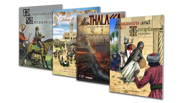 A collection of four wargaming rule booklets is displayed, showcasing their colorful covers. From left to right, the titles include "Never Mind the Matchlocks," featuring a knight and soldiers, "Valour & Fortitude," depicting a large battle scene, "Thalassa," illustrating an ancient naval battle with a ship, and "Assassins and Templars," which features characters in a historical setting. Each booklet is designed to cater to different gaming themes, from the English Civil War to Napoleonic battles and ancient naval warfare.