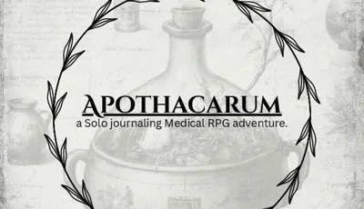 Black circular laurel wreath with text "APOTHACARUM a Solo journaling Medical RPG adventure."