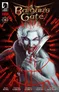 A pale, long-haired figure with glowing red eyes and fangs, gripping a dagger dripping red liquid. Background features red, jagged energy or blood-like streaks. Text reads "Baldur’s Gate" in gold lettering with a stylized crown above, and "Dark Horse Comics" in the top left corner.